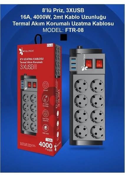 Isıya Dayanıklı Termal Akım Korumalı 2 Metre 16A 4000 W 8 Li Uzatma Kablolu Priz 3x USB Girişli