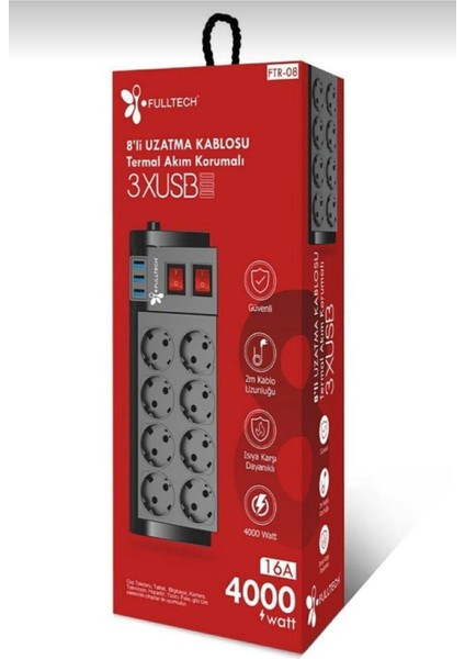 Isıya Dayanıklı Termal Akım Korumalı 2 Metre 16A 4000 W 8 Li Uzatma Kablolu Priz 3x USB Girişli