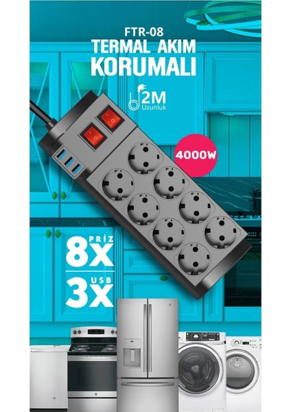 Isıya Dayanıklı Termal Akım Korumalı 2 Metre 16A 4000 W 8 Li Uzatma Kablolu Priz 3x USB Girişli
