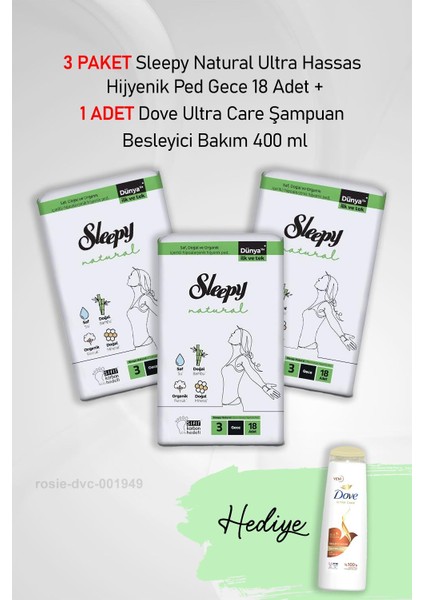 Natural Hijyenik Ped Gece 18 Adet x 3 ve Hediye Dove 400 ml