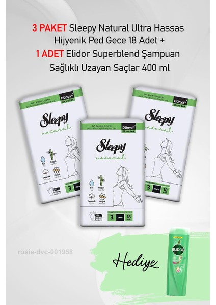 Natural Hijyenik Ped Gece 18 Adet x 3 ve Hediye Elidor 400 ml