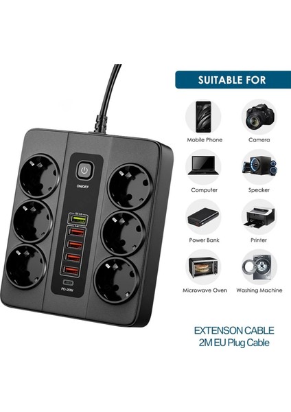 Termal Akım Korumalı 3000W 6 Lı Priz 2 Metre Uzatma Kablosu Çoklu Priz 5 USB 1 Type C Pd Giriş