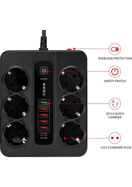 Termal Akım Korumalı 3000W 6 Lı Priz 2 Metre Uzatma Kablosu Çoklu Priz 5 USB 1 Type C Pd Giriş fiyatları