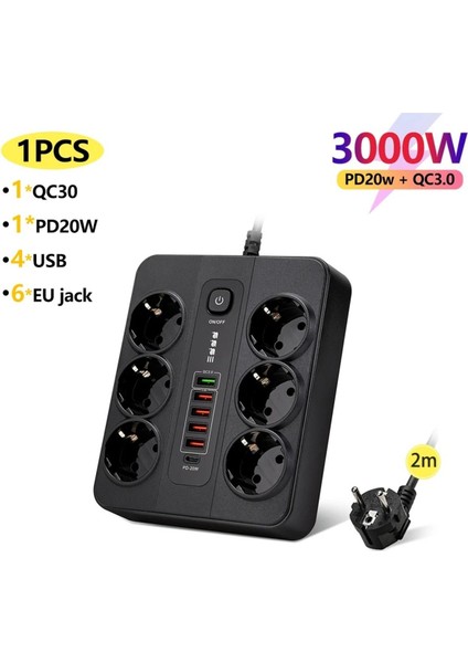 Termal Akım Korumalı 3000W 6 Lı Priz 2 Metre Uzatma Kablosu Çoklu Priz 5 USB 1 Type C Pd Giriş modelleri