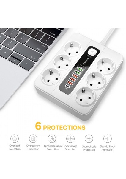 Termal Akım Korumalı 3000W 6 Lı Priz 2 Metre Uzatma Kablosu Çoklu Priz 5 USB 1 Type C Pd Giriş indirimleri