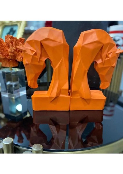 2'li Kitap Tutucu At Turuncu Renk Biblo Heykel Büst