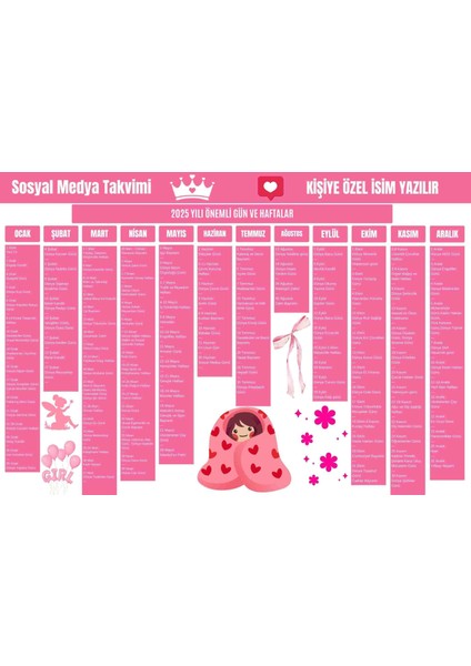 2025 Kişiye Özel Sosyal Medya Takvimi - Özel Günlerle Dolu Eğlenceli Duvar Afişi Pembe
