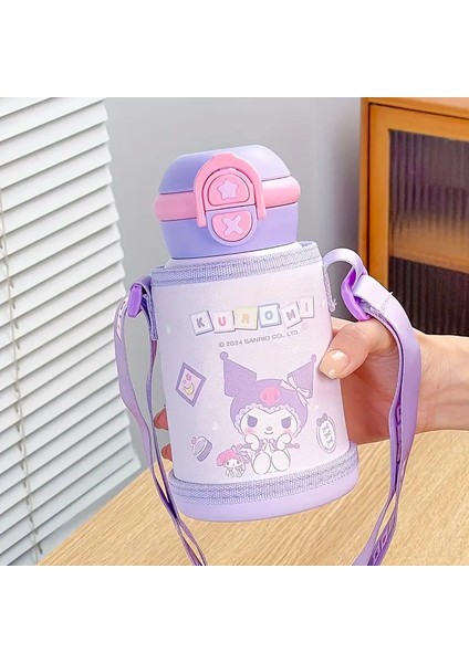 Çocuk Termos Matara Paslanmaz Çelik Kuromi Figürlü Kılıflı 550ML Çift Fonksiyonlu Kapak AD5641