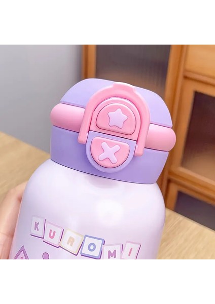 Çocuk Termos Matara Paslanmaz Çelik Kuromi Figürlü Kılıflı 550ML Çift Fonksiyonlu Kapak AD5641