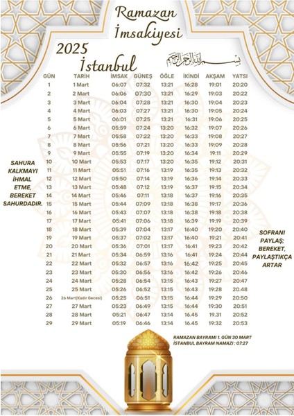 Ramazan Imsakiyesi Modern Kişiye Özel Tasarımlı Dijital Baskı 500 Adet A4 300 gr Model 50