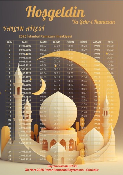 Ramazan Imsakiyesi Modern Kişiye Özel Tasarımlı Dijital Baskı 10 Adet A4 300 gr Model 23