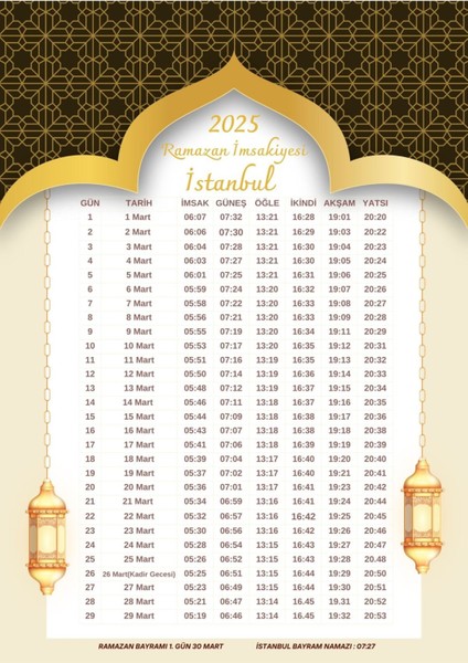 Ramazan Imsakiyesi Modern Kişiye Özel Tasarımlı Dijital Baskı 50 Adet A4 300 gr Model 41