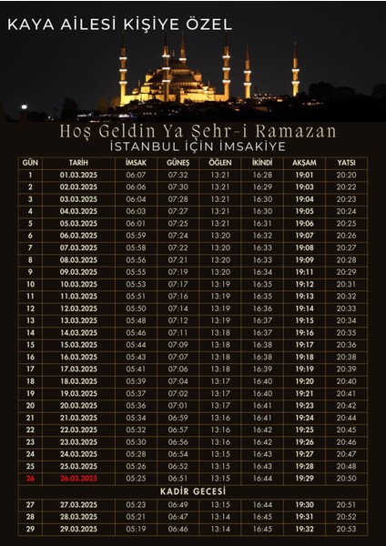 Ramazan Imsakiyesi Modern Kişiye Özel Tasarımlı Dijital Baskı 6 Adet A4 300 gr Model 28