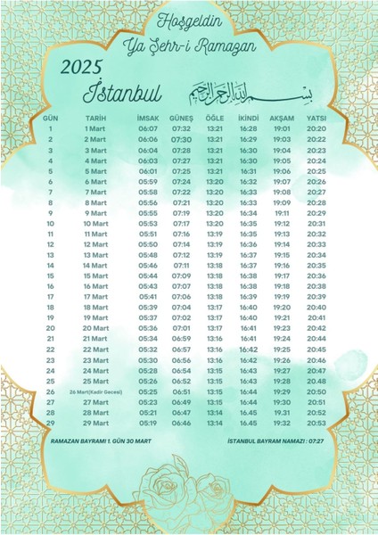 Ramazan Imsakiyesi Modern Kişiye Özel Tasarımlı Dijital Baskı 6 Adet A4 300 gr Model 49