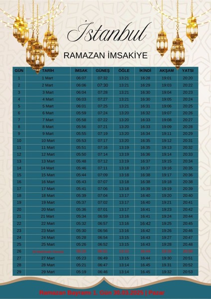 Ramazan Imsakiyesi Modern Kişiye Özel Tasarımlı Dijital Baskı 2 Adet A4 300 gr Model 31
