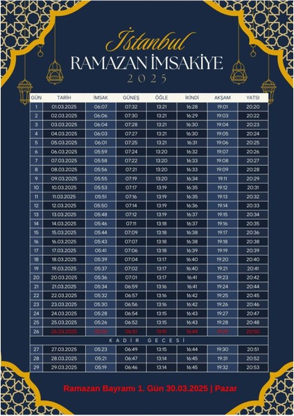 Ramazan Imsakiyesi Modern Kişiye Özel Tasarımlı Dijital Baskı 1 Adet A4 300 gr Model 26