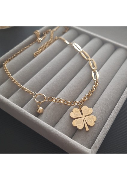 Çelik Gold Renk Yonca Detay Kadın Kolye