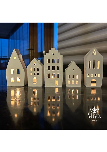 5’li Ev Tealight Beton Mumluk Seti Beyaz Dekoratif
