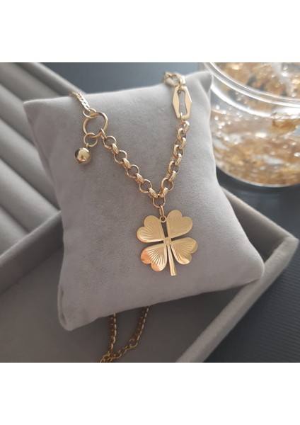 Çelik Gold Renk Yonca Detay Kadın Kolye fırsatları