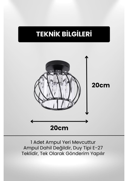 Bella Luce Model Siyah Renk Metal Kristal Taşlı Salon Mutfak Yatak Oturma Odası Plafonyer Avize