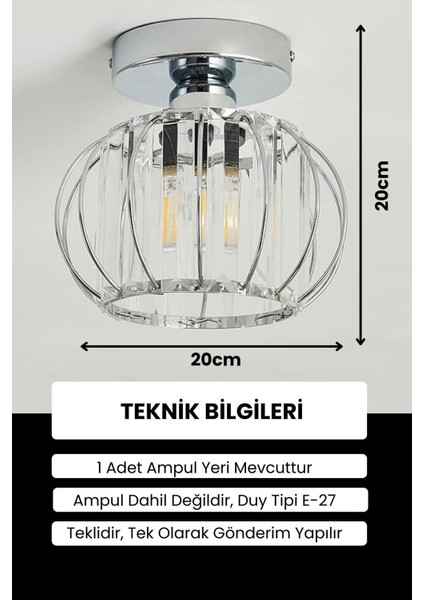 Krom Renk Kaplama Kristal Taşlı Modern Oturma Odası Plafonyer Avize, 30x60, 1 Ampül