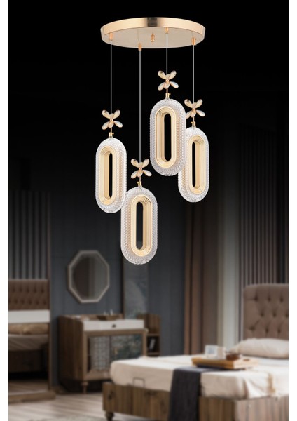 4'lü Renkli Kristal LED’li Modern Avize, Metal Malzeme, 35x35 cm modelleri