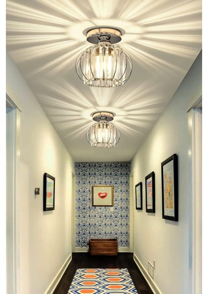 Krom Renk Kaplama Kristal Taşlı Modern Oturma Odası Plafonyer Avize, 30x60, 1 Ampül