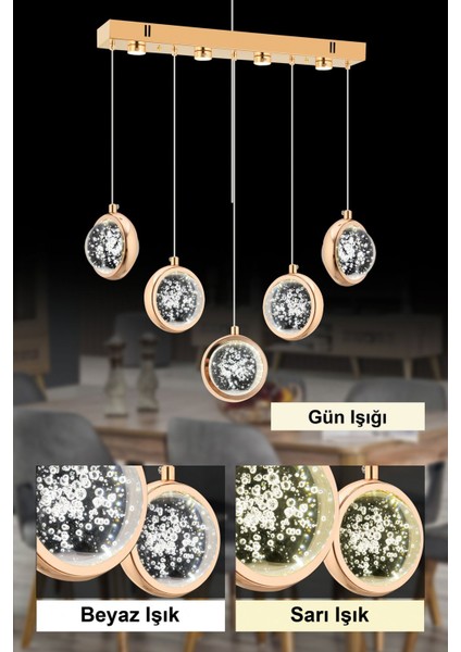 Istanbul Avize Yemek Masası Dünya 5'li Gold Üç Renk LED Lüx Modern Ledli Avize