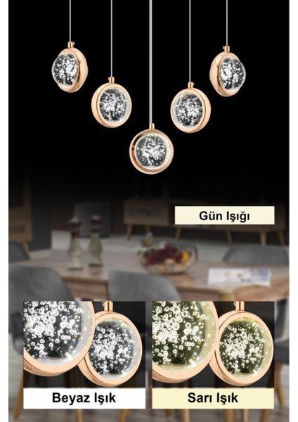 Istanbul Avize Yemek Masası Dünya 5'li Gold Üç Renk LED Lüx Modern Ledli Avize