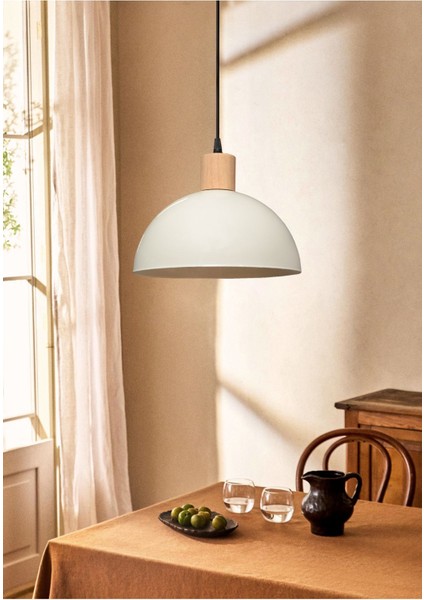 Krem Swiss üst ahşap detaylı şık metal sarkıt lamba 25x15 cm