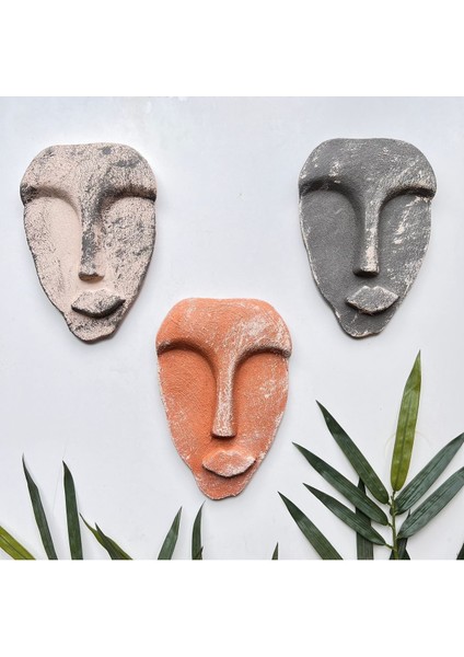 El Yapımı Taş Heykel Soyut Yüz Maske 3'li Set, Duvar Dekor, Modern Ev ve Ofis Dekoru