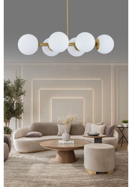 Modern 6'lı Beyaz Camlı Metal Avize, Zarif ve Şık Tasarım, 51x60 cm