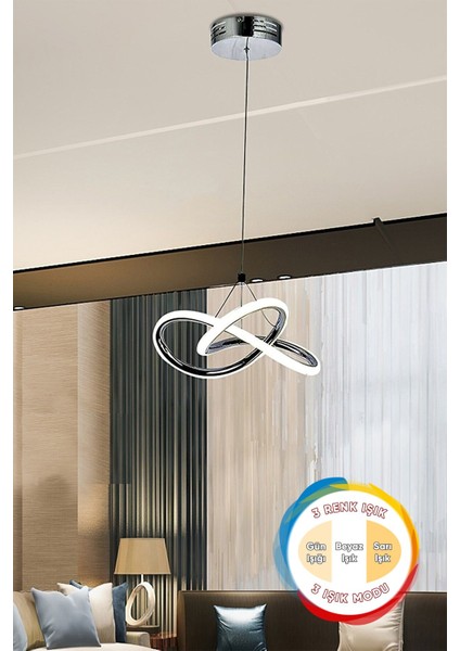 Modern Forte Tekli Krom 3 Renk Işıklı Power Ledli Salon Mutfak Oda Hol Ledli Avize