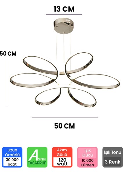 3 Renk Kumandalı Papatya Led Avize, Alüminyum, Krom, 50x50, Modern ve Şık Tasarım
