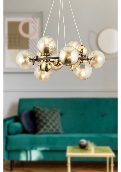 Lorento 8li Yuvarlak Siyah Gold Modern Cafe,restoran Için Uygun Retro Salon Avize