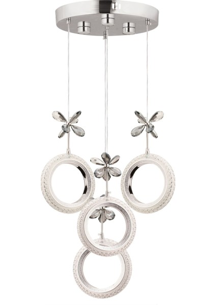 Dörtlü Gümüş Led Avize, Kristal Taşlı, Modern Tasarım, 30x30, Şık ve Parlak Aydınlatma