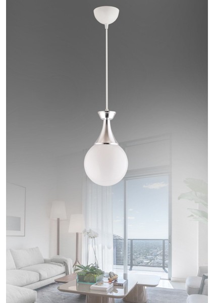 Beyaz Krom Detaylı Yuvarlak Camlı Modern Aydınlatma, 60x70 cm, şık ve parlak tasarım