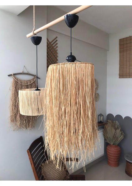 Doğal rafya püsküllü şık avize, sıcak ve samimi aydınlatma, 30x60 boyut