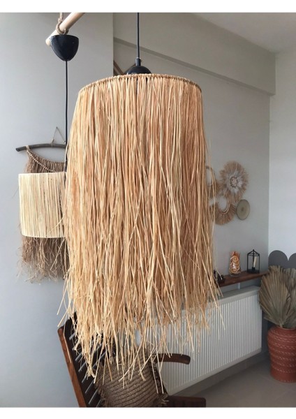 Doğal rafya püsküllü şık avize, sıcak ve samimi aydınlatma, 30x60 boyut modelleri