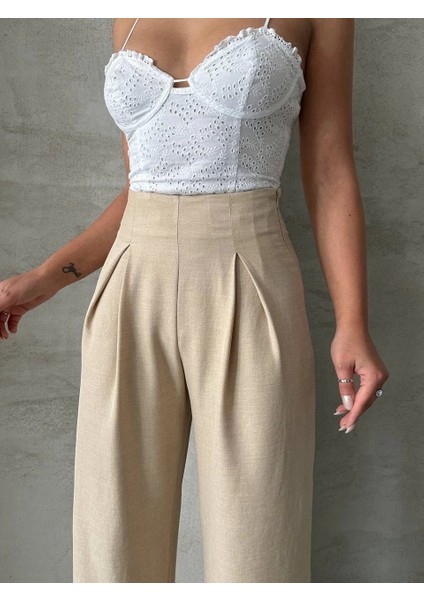 Pileli Keten Pantolon S255046