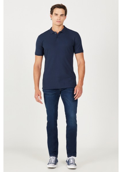 %100 Pamuk Regular Fit Normal Kesim Lacivert Polo Yaka Tişört