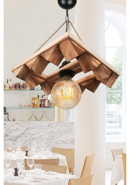 Halatlı Ahşap Avize Cafe Restoran Hol Salon Için Ahşap Avize