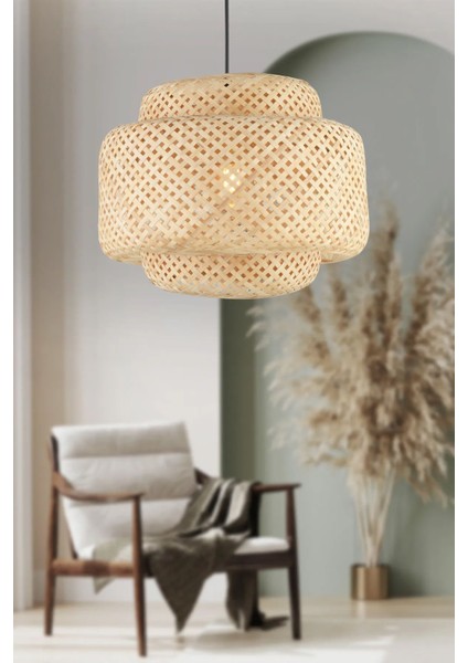 Şık Rattan Oturma Odası Avizesi, Metal Malzeme, 37x52 Boyut, Modern ve Zarif Tasarım
