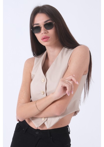 Taş Düğmeli Crop Deri Yelek 0103001.50 fırsatları
