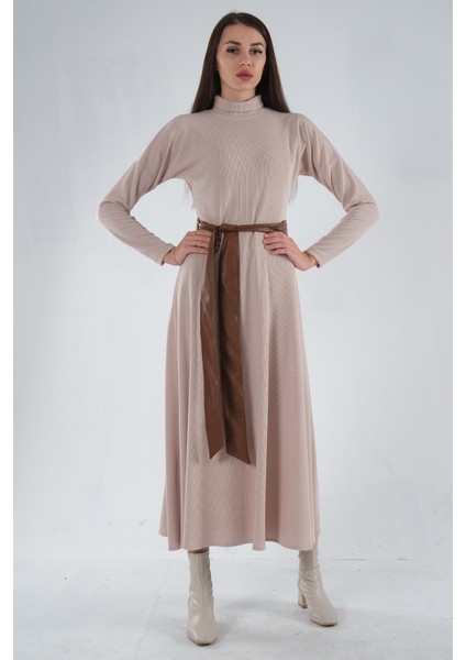 Bej Beli Kemerli Örme Elbise 0104030.55 modelleri