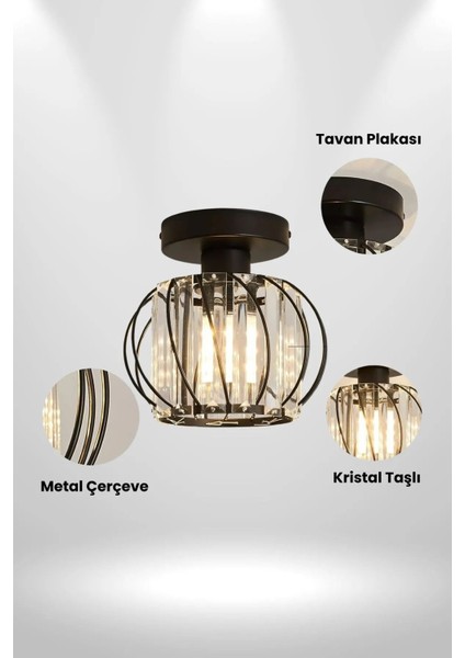 Şık Siyah Metal Kristal Taşlı Salon ve Oturma Odası Plafonyer Avize
