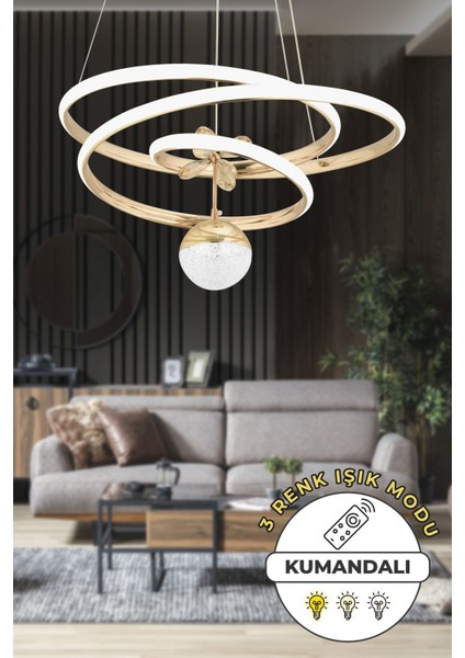 Lorenz Kumandalı 3 Renk Işık Özellikli Modern Gold Kaplama Sarkıt LED Avize Salon Avize