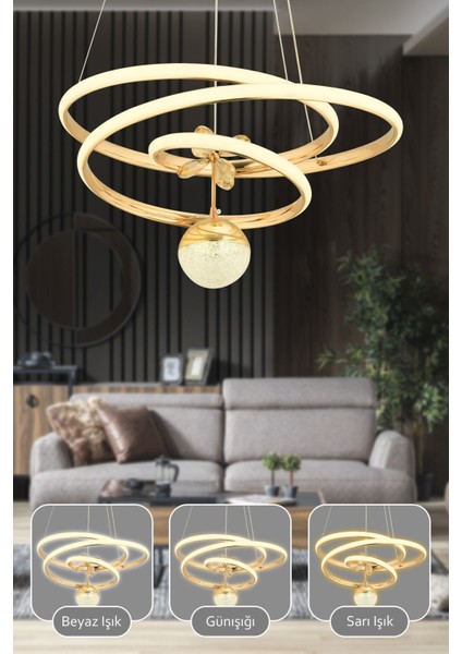 Lorenz Kumandalı 3 Renk Işık Özellikli Modern Gold Kaplama Sarkıt LED Avize Salon Avize