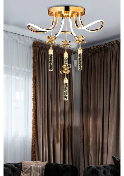 Luxury Modern Kristal Taşlı Sarkıt Kelebek Taşlı LED Avize Gold Sarı