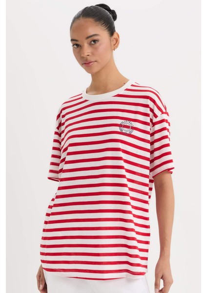 fit Oversize Geniş Kalıp Bisiklet Yaka Slogan Baskılı Sporcu Kısa Kollu TIŞÖRT E2782AX25SM